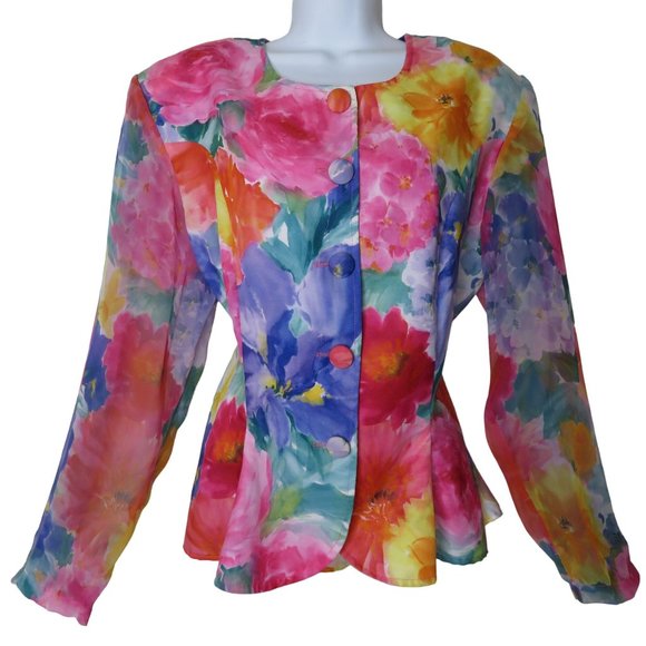 Vintage Floral Peplum Jacket Blouse Blazer Chiffon Sleeve Buttons Shoulder Pads - Picture 8 of 13